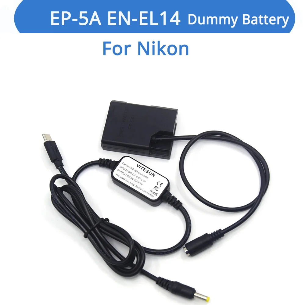 

USB-C USB-PD Converter To DC Cable EP-5A Coupler EN-EL14 Dummy Battery For Nikon P7000 P7800 D5500 D5600 D3300 D3400 D5100 D5300