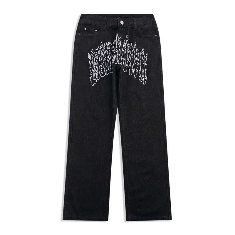2022 New Fashion Flame Letter Print Streetwear Men Baggy Jeans Pants Straight Hip Hop Black Loose Women Denim Trousers Pantalon