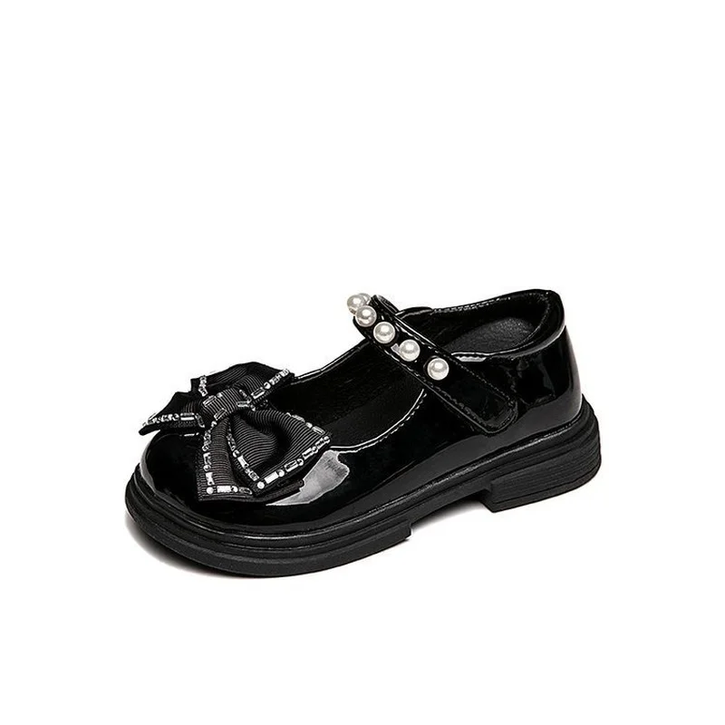 

Girls Bow Leather Shoes 2022 Spring Autumn Children's Loafers School Shoes Kids Shine Pearls Shoes for Party Wedding