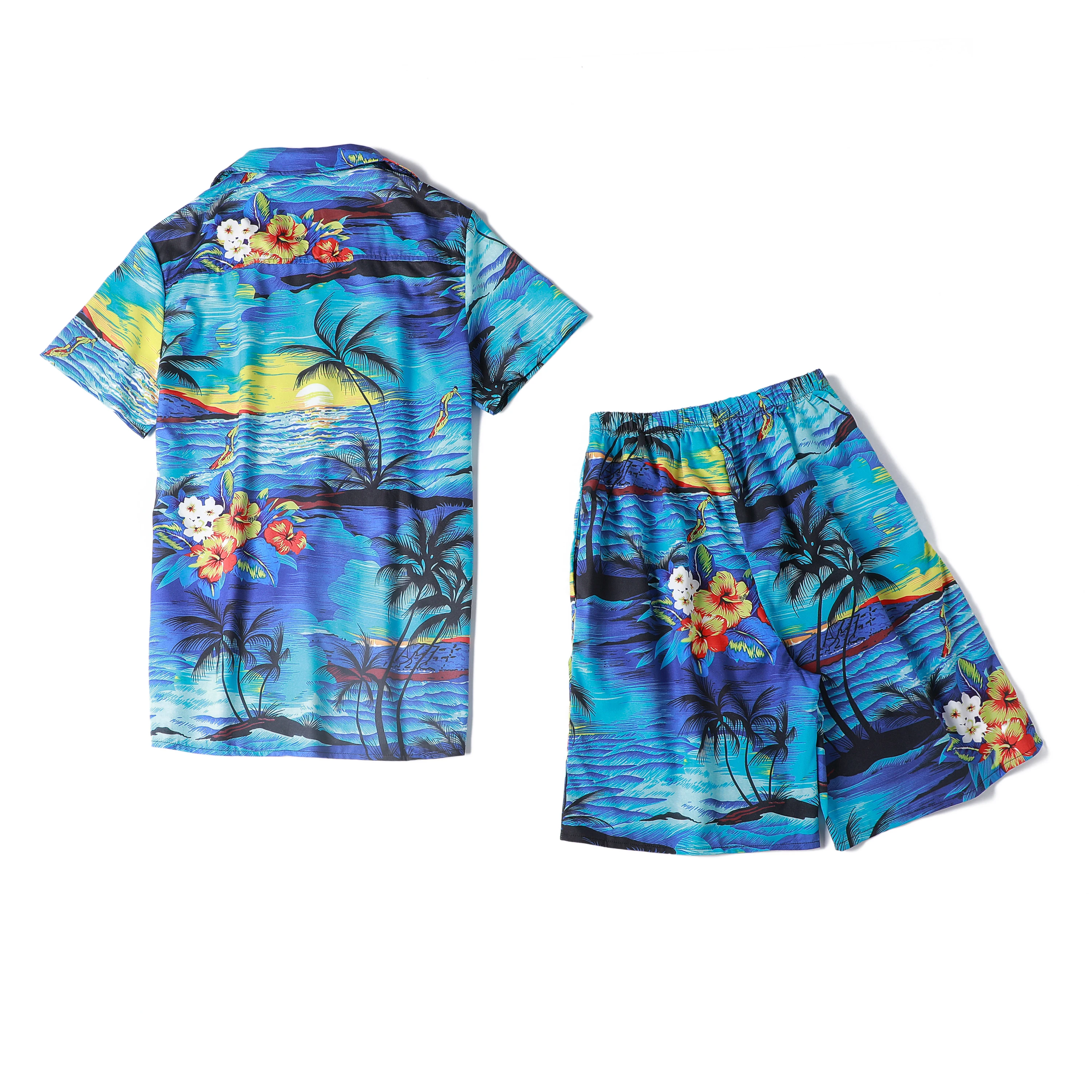 2023 Summer Beach Style Loose Shirt Hawaii Casual Suit Men's Printed 2 Piece Set