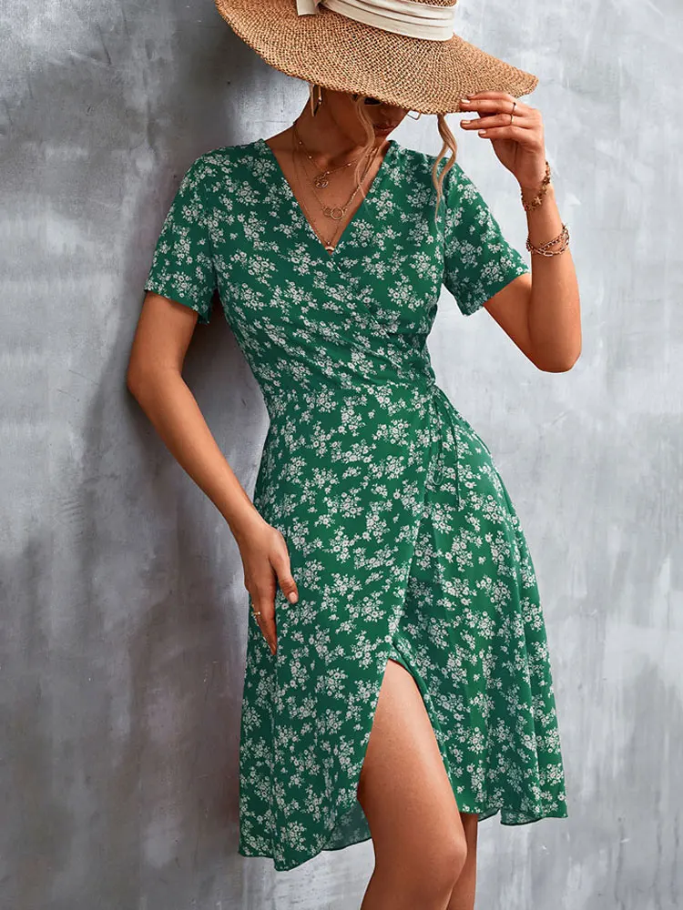 

Женское платье с запахом и V-образным вырезом, ТРАПЕЦИЕВИДНОЕ ПЛАТЬЕ средней длины в стиле бохо с цветочным принтом, вечернее платье с разре...