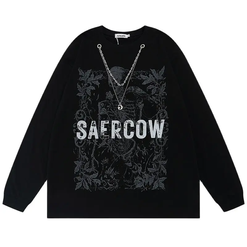 

Autumn Men Oversize Long Sleeve Tshirts Hip Hop Skeleton Print Gothic T-Shirts 2022 Streetwear Harajuku Casual Cotton Tops Tees
