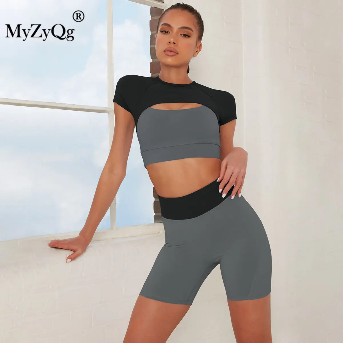 

MyZyQg женский двойной лоскутный комплект для йоги из двух предметов футболки на молнии с коротким рукавом Топ спортивные шорты для фитнеса