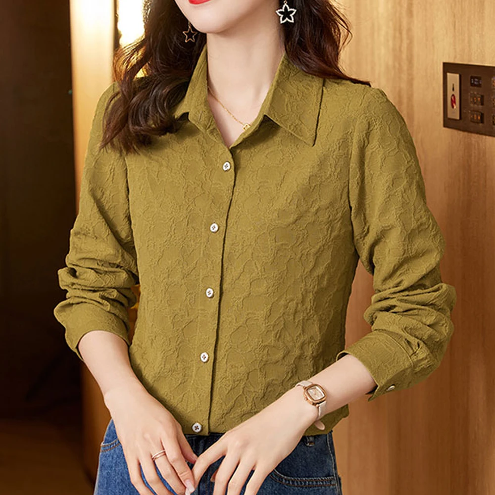 

New Casual Crumpled Jacquard Shirts For Women Fashion Solid Color Turn-down Collar Women Blouses 2023 All-match Tops Femme