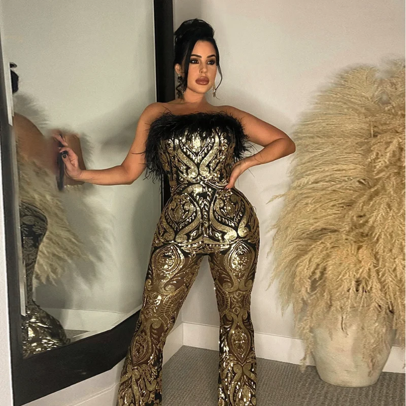 

Женский Блестящий Комбинезон KEXU с меховым воротником, без бретелек, с широкими штанинами