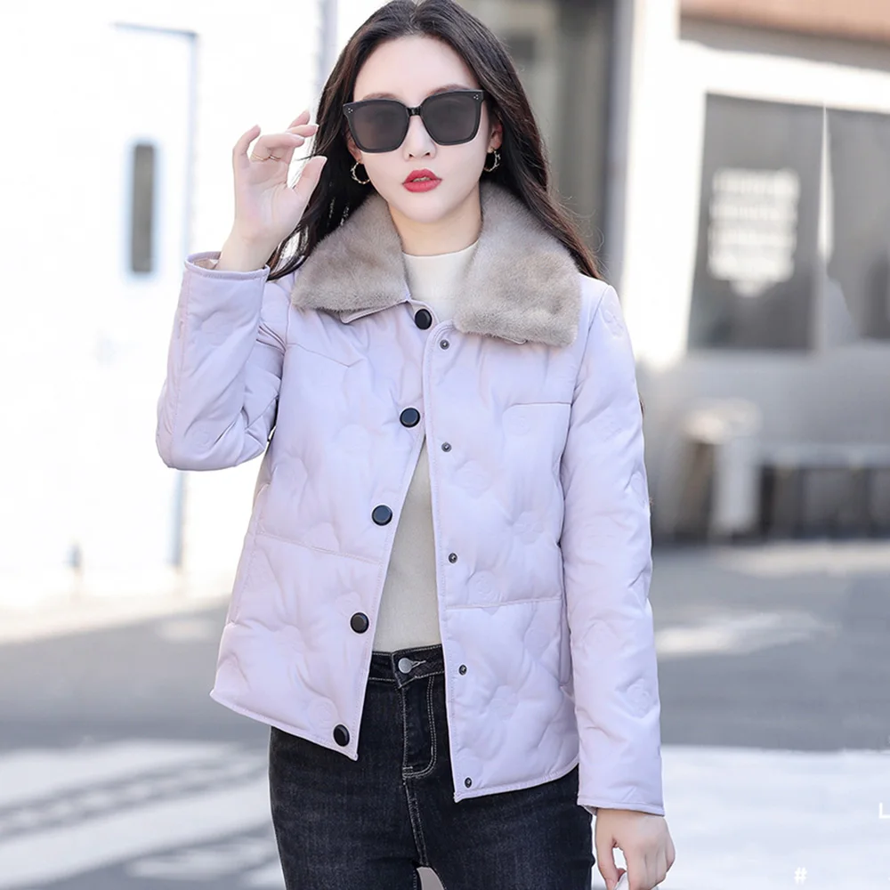 New Women Leather Down Jacket Winter Casual Fashion Thick Warm Mink Fur Collar Embossing Pattern Loose Sheep Leather Down Coat