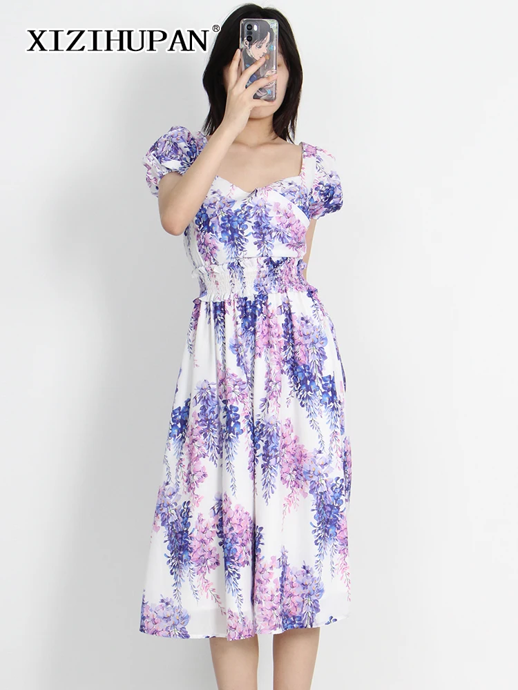 

XIZIHUPAN Colorblock Print Dress For Women Square Collar Short Sleeve High Waist Midi A Line Dresses Female 2022 Summer Clothing