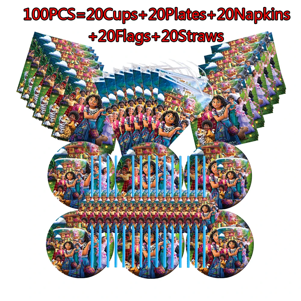 

100 Pcs Encanto Mirabel Theme Birthday Party Set Decorations Plate Straw Napkin Flag Kids Girls Children Day Party Supplies