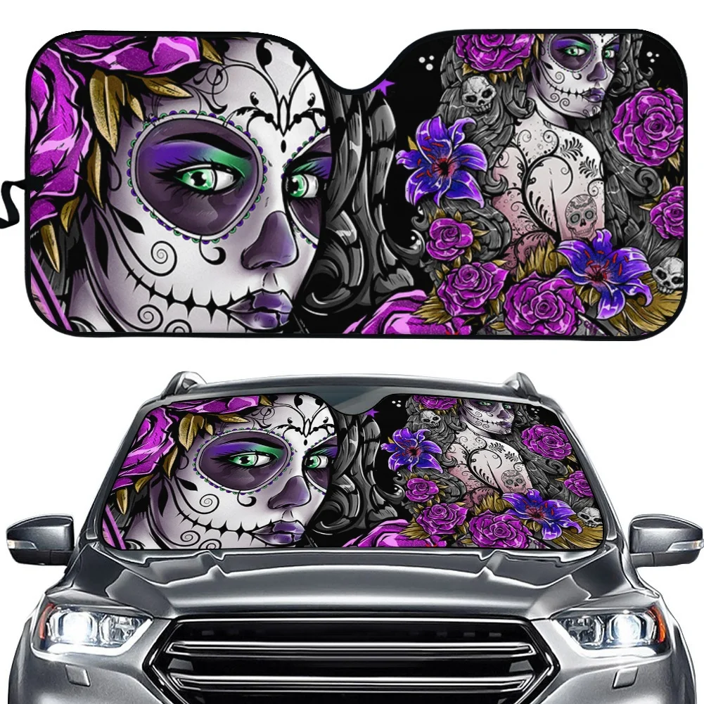 

Day of the Dead Sugar Skull Car Sun Shade Windshield Fold-up Sunshade for Windshields Women Girly Car Anti UV Accessories Covers