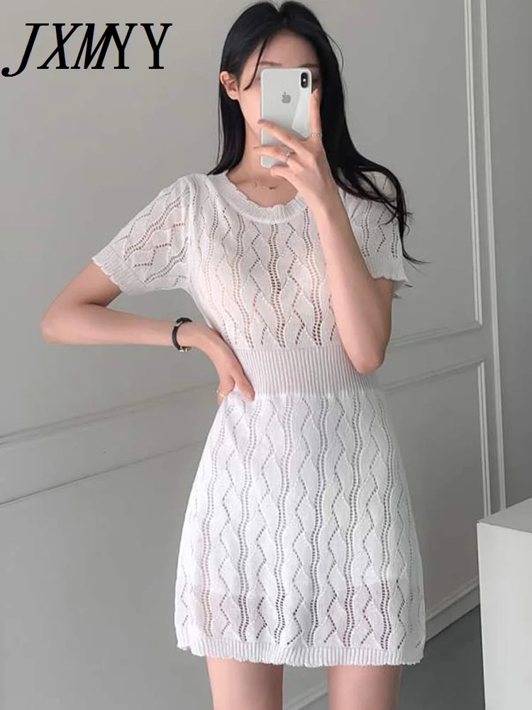 

JXMYY Fashion Women's Clothing 2020 Summer New Elegant Temperament Round Neck Hollow Pattern Slim Knitted Dress Trend