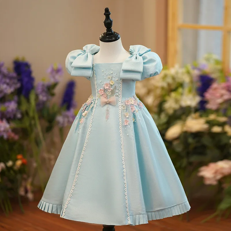 Baby Dresses For Eid 2023 Flower Elegance Blue Dress Girl Children Wedding Handmade First Communion Vestidos Teenager Weddings