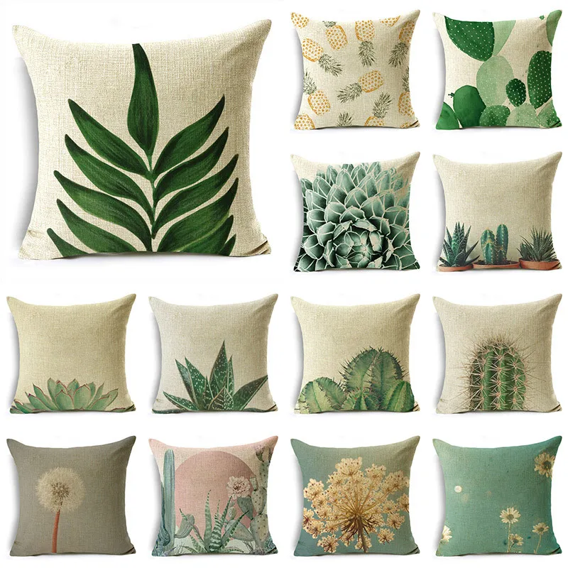 

Summer Collection Green Plant Print Cactus Cushion Cover Linen Square Pillowcase Home Sofa Car Decorative 40cm/45cm and 50cm