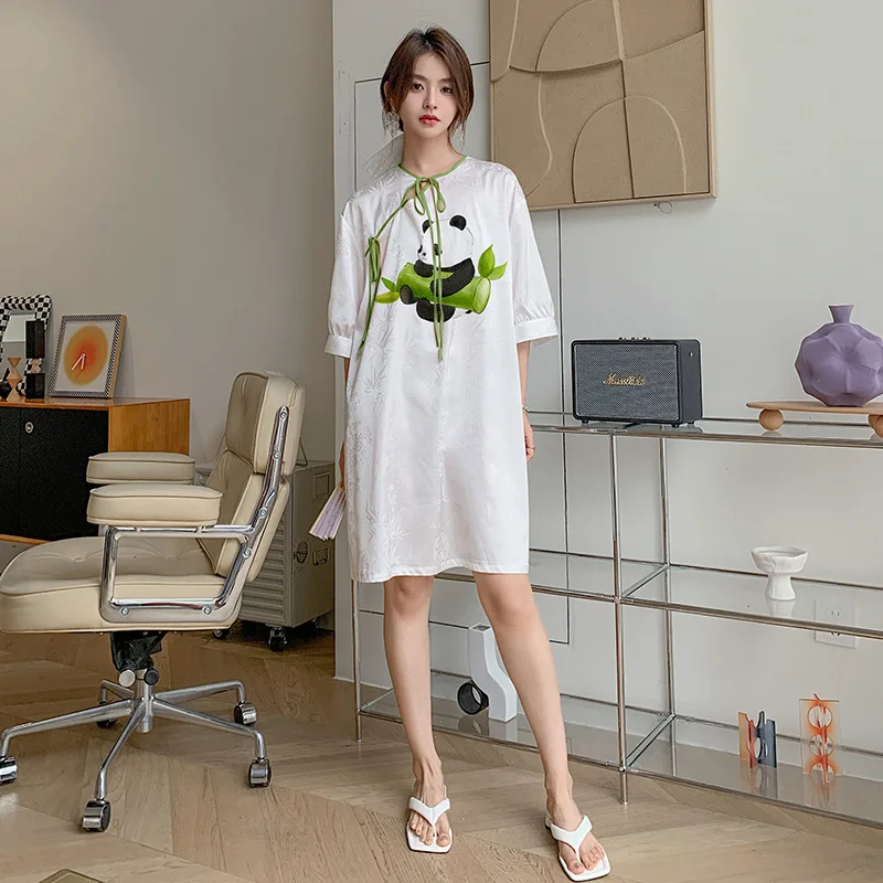 New Satin Nightdress Female Summer National Style New Chinese Style Silk Pajamas Cute Panda Home Clothes