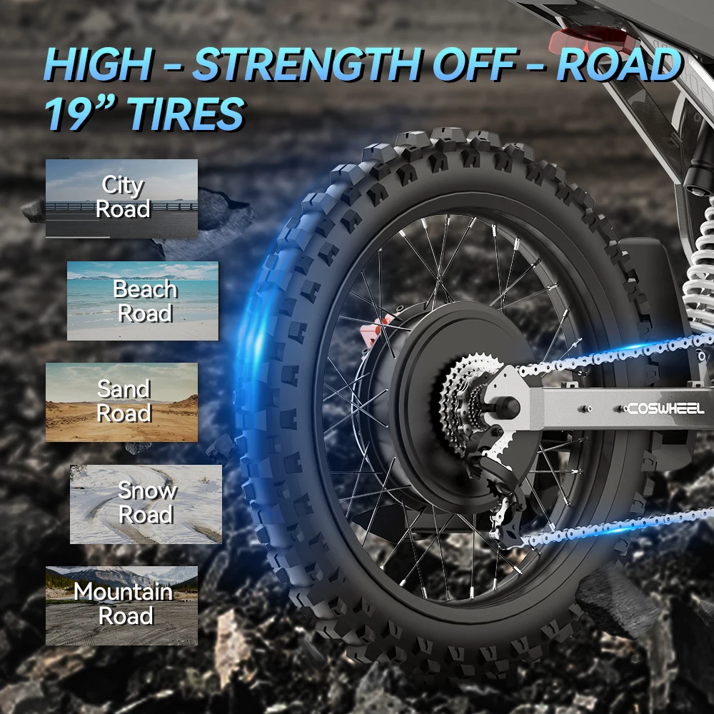 Электрический кроссовый мотоцикл Readygo COSWHEEL R19, 6000 Вт, высокая мощность, аккумулятор 72В40Ач, для взрослых, скорость 85 кмч, горный электровелосипед для бездорожья, литиевый (art.: 3920d8cb348ee) - 3920d8cb348ee