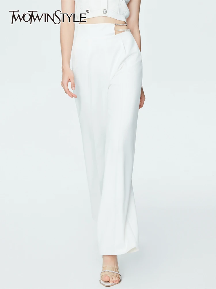 

TWOTWINSTYLE Korean Fashion Wide Leg Pants For Women High Waist Loose Patchwork Chain Solid Trousers Female Spring Clothing New