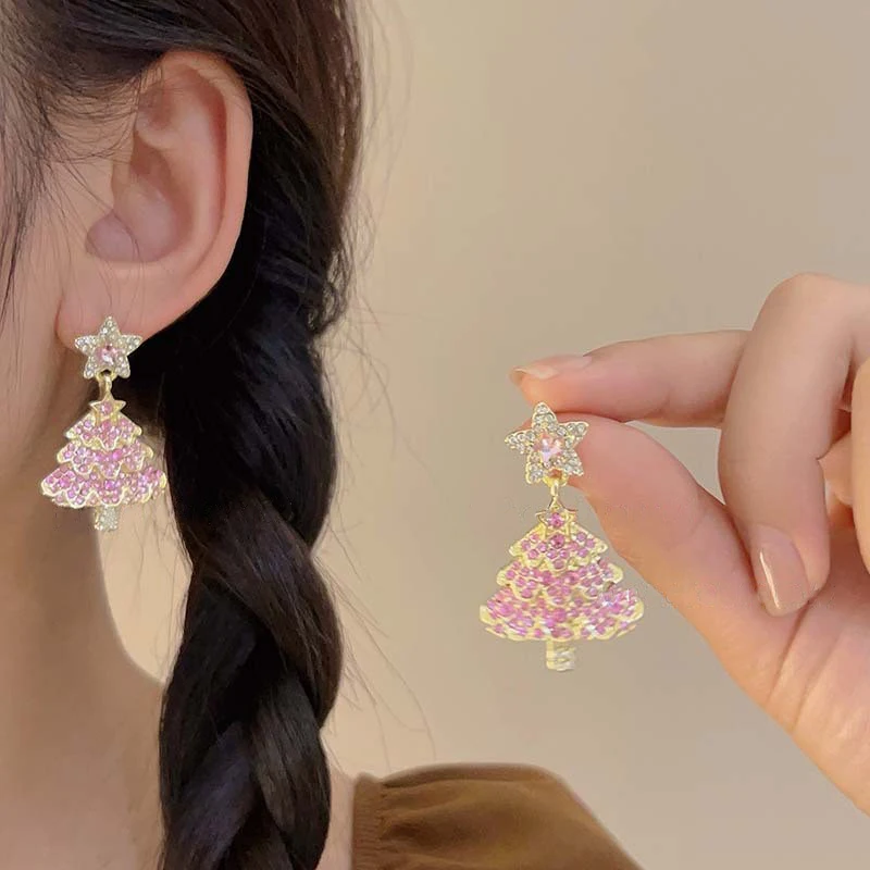 Y2K розовый циркон Рождественская елка серьги с кисточками Рождественские со