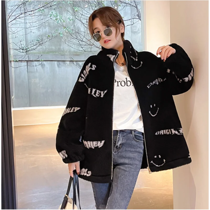 2022 Winter Clothes Women Cashmere Chic Printing Zip Up Hooded Fashion Outerwear Sweet Jackets for Women Casual Jacket Coats