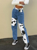 straight leg jeans woman high waist pants for women fashion clothes cow printing patchwork trousers women jeans streetwear denim
