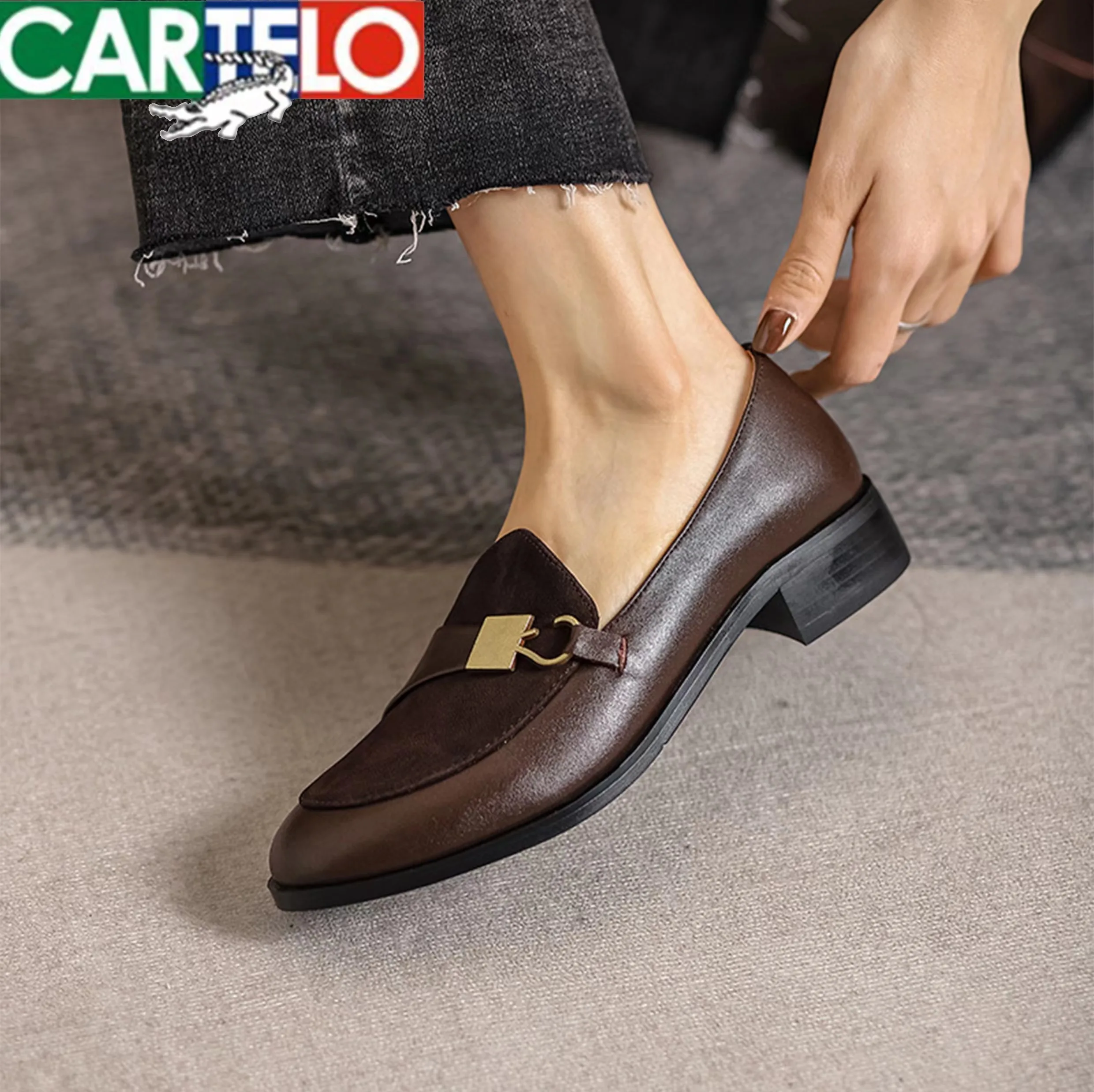 CARTELO Fashion Metal Hook Shoes Women Flats Suede Casual Loafers 2023 Spring New Designer Women Pointed Toe Shallow Boat Shoes