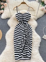 foamlina white and black striped strap dress women fashion summer sleeveless backless drawstring ruched bodycon party dress robe