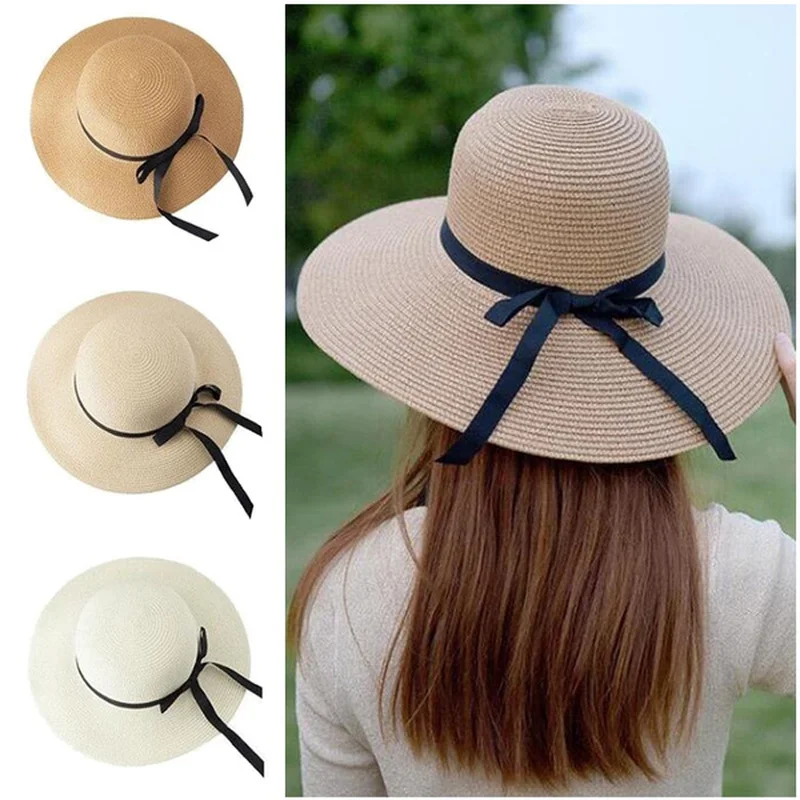 

2022 New Fashion Foldable Wide Brim Floppy Girls Straw Hat Sun Hat Beach Women Summer Hat UV Protect Travel Cap Lady Cap Female