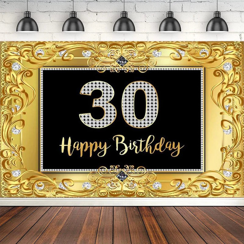 

Gold Photography Backdrop Shining Diamons Photo Background Poster Adult Theme Happy 30th Thirty Birthday Party Banner Photocall