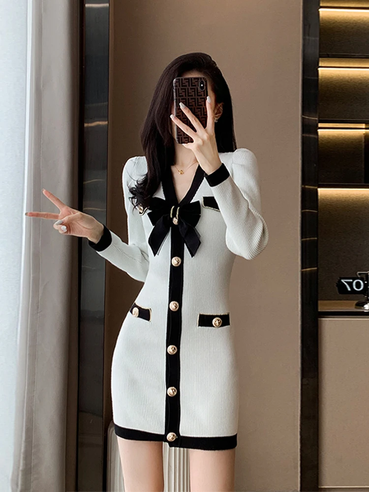 

HIGH STREET Newest Fashion 2022 Runway Designer Women's Bubble Sleeve V-Neck Knitted Dress