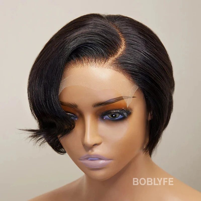 Enlarge Short Bob Wig Pixie Cut Wig Straight Brazillian Human Hair Lace Wigs Side Part Wig For Women Preplucked Hairline Remy Hair