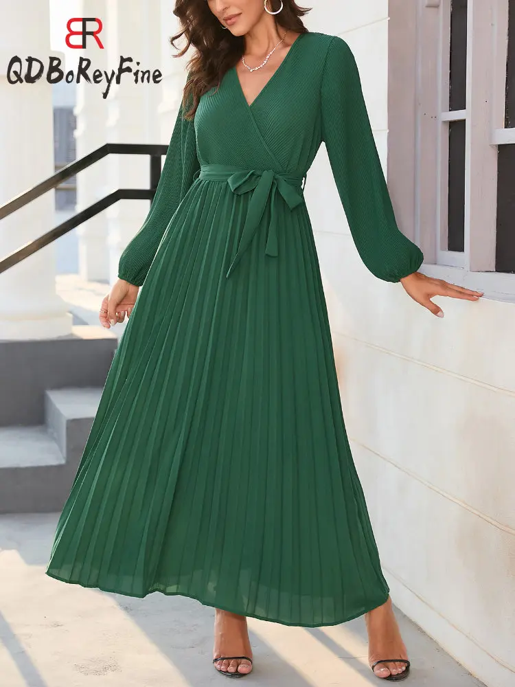 

Spring Women's Dress with Belt Pleated Chic Long Sleeve V-Neck Vintage Office Lady Solid Casual Blue Maxi Long Dresses for Women