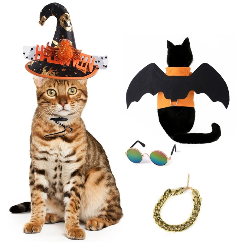 

Забавный костюм вампира на Хэллоуин, аксессуары для вечерние, котенок, косплей, платье, крылья летучая мышь, головной убор, одежда, щенок K5DC