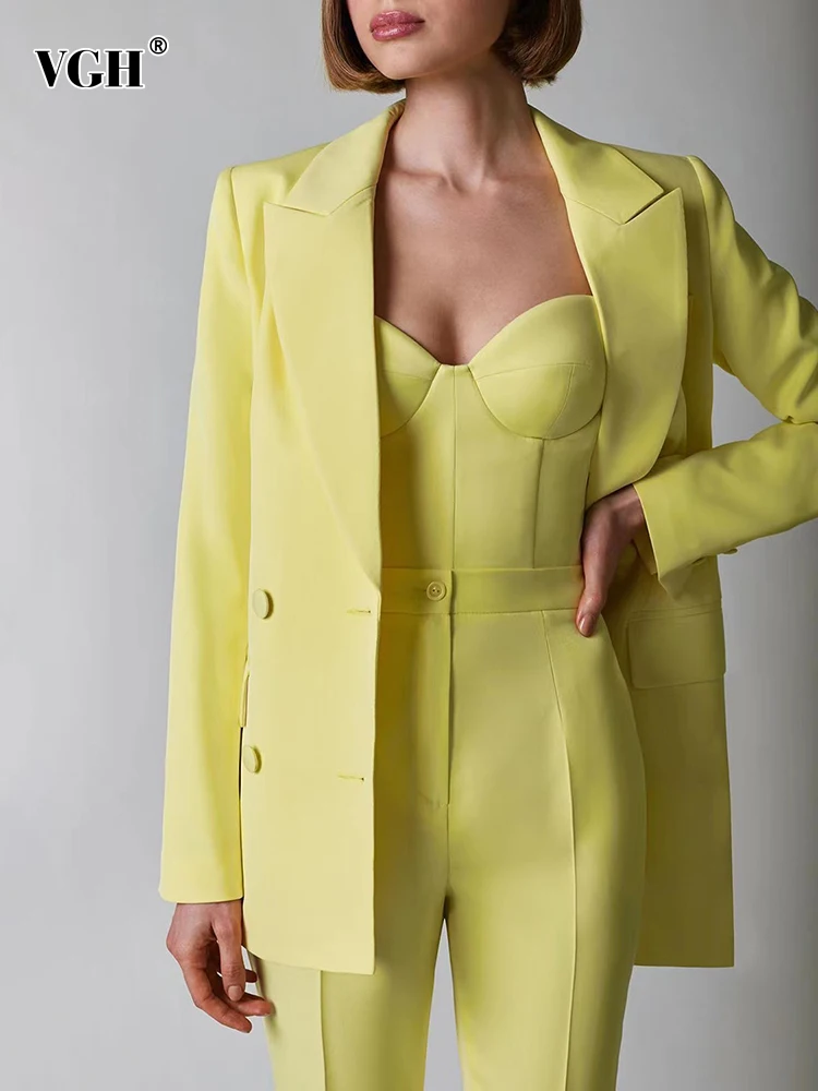 

Женский костюм из трех предметов VGH, повседневный однотонный короткий жилет с отложным воротником, свободные блейзеры, длинные брюки с высо...