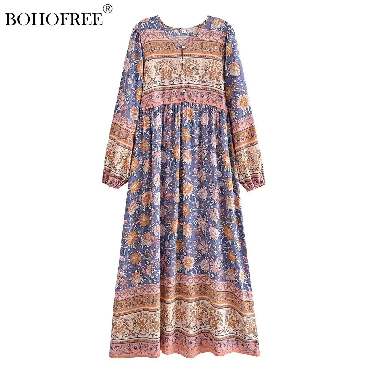 

Vintage Chic Tunic Dress Full Sleeve Floral Print Boho Robes Bohemian Style Rayon Cotton Loose Fit Boho Vestidos Folk Gown Dress