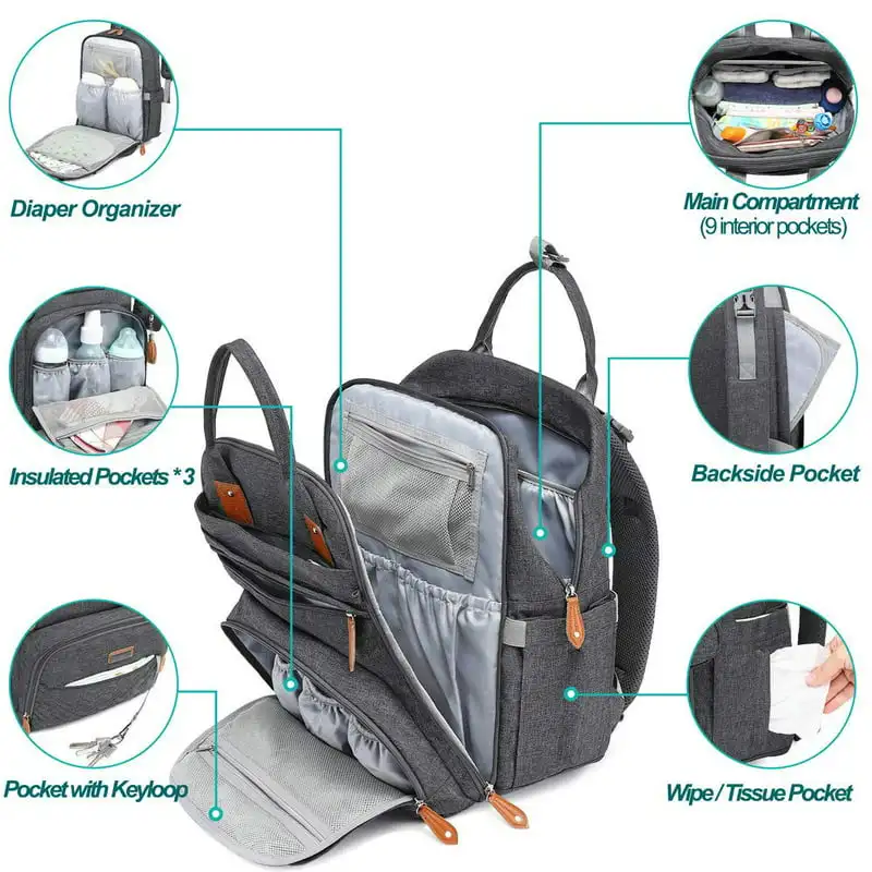 

Diaper Bag Backpack, Waterproof Travel Bag, Unisex, Dark Gray