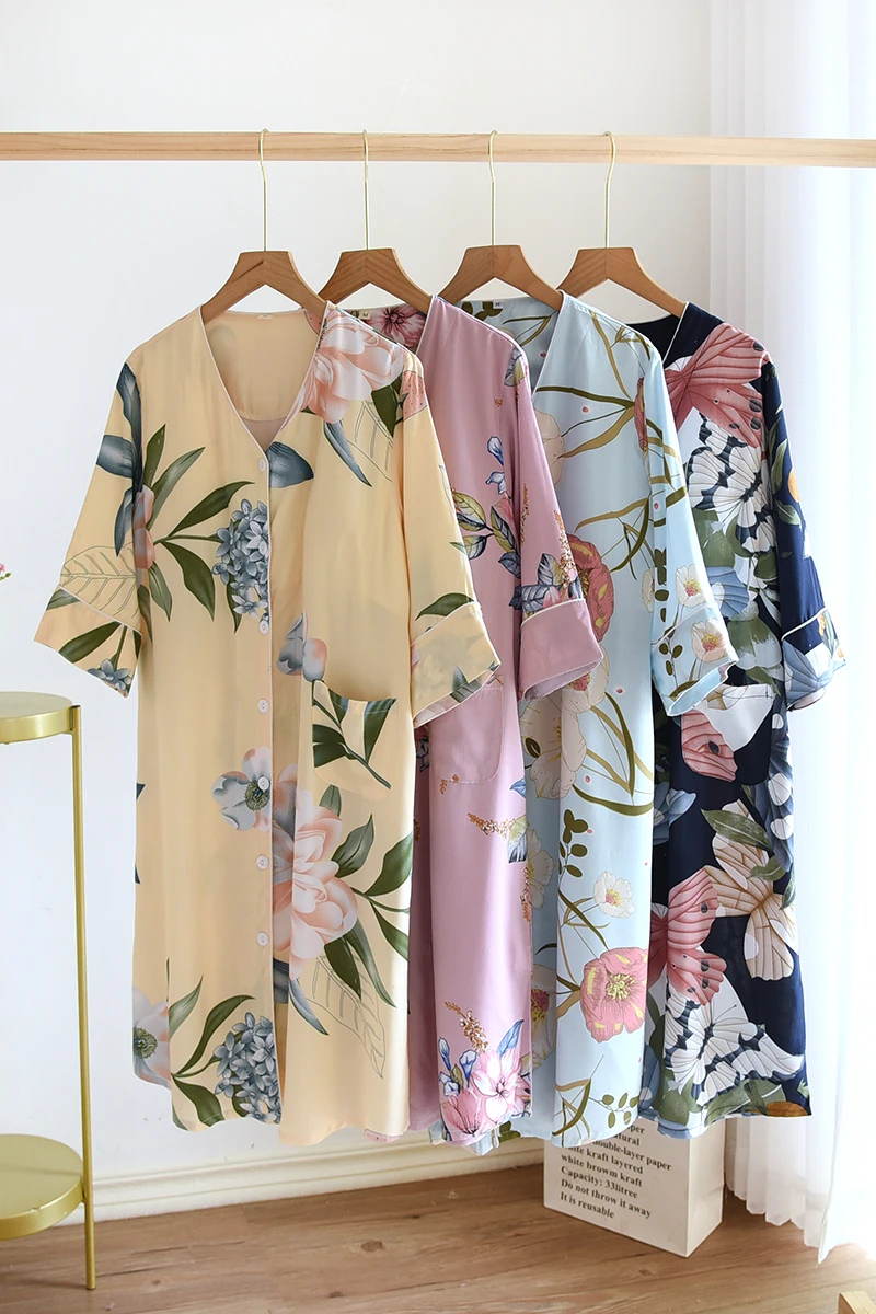 Summer Short-Sleeved Nightdress with Chest Pad Women's Cotton Silk Bra-Free Loose Artificial Cotton Long Dress Pajamas