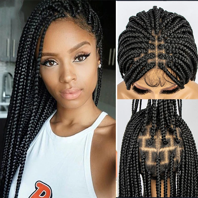 

Jet Black Box Braided Full Lace Wigs With Baby Hair Natural Knotless Braiding Wig For Black Women High Temperature Fiber Wig