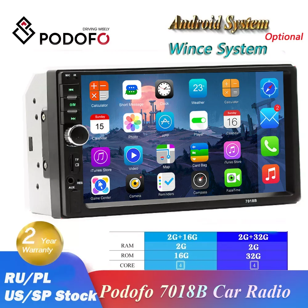 Автомагнитола Podofo 2 Din стереоприемник 7 дюймов HD 7018B Bluetooth FM-радио аудио MP5 плеер для