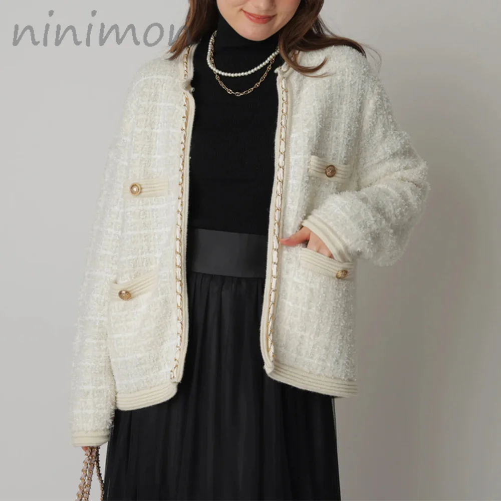 

NINIMON Chain Edge Tweed Knitted Jacket Elegant Blend Wool Coat With Pockets Autumn Winter Knit Cardigan Outerwear Women
