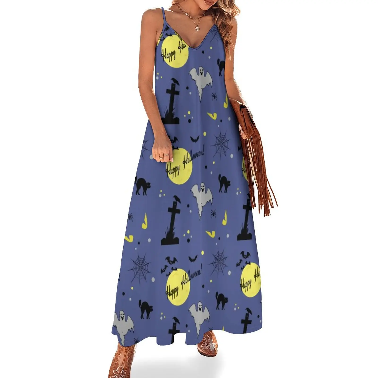 

Black Bats Dress Happy Halloween Kawaii Maxi Dress V Neck Bohemia Long Dresses Strap Street Style Big Size Vestidos