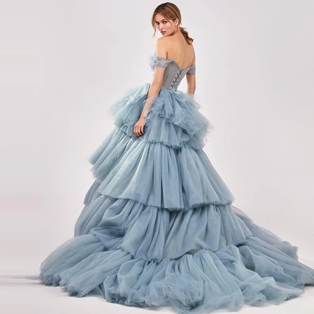 

Dusty Blue Colored Dresses Ruffles Lace Up Back abiye gece elbisesi Puffy Floral Prom Gowns Lush Layered Tiered