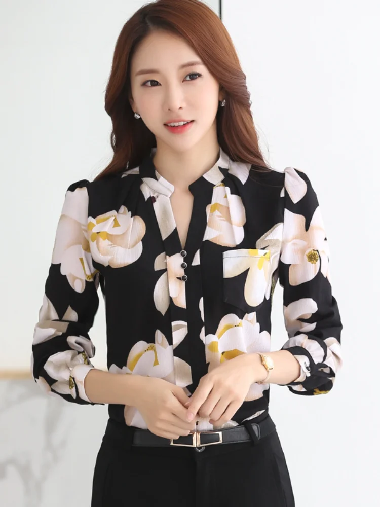

Blouse Women Ladies Tops Stand-up Collar Chiffon Shirt Pullovers Printing Long Sleeve Spring Slender Popularity Tenafeicc