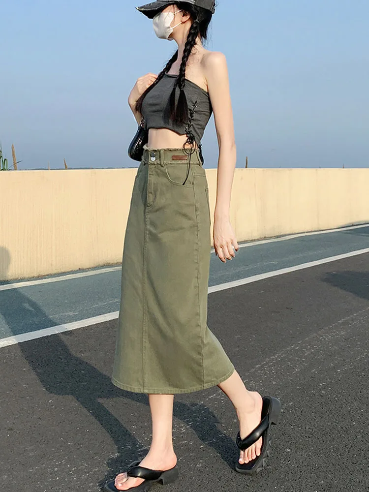 

Женская джинсовая юбка средней длины, удобная трапециевидная юбка из денима с необработанным краем и завышенной талией, с разрезом сзади, лето 2023