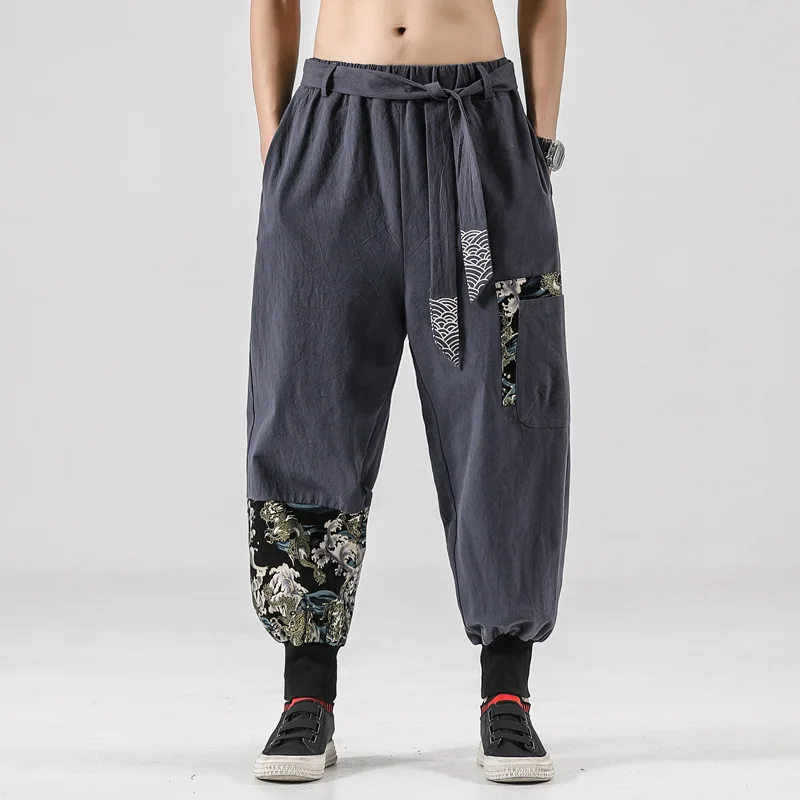 

New Harajuku Japanese Traditional Kimono Causal Pants for Men Print Haori Baggy Cropped Trousers Hip Hop Streetwear 2022 4Colors