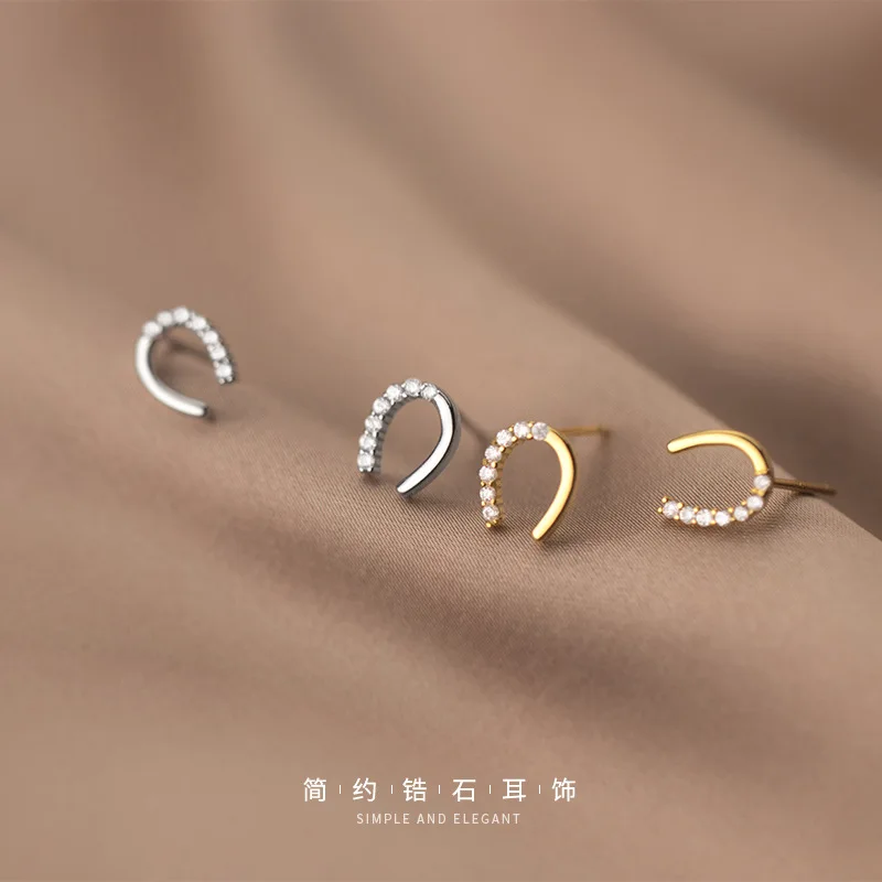 

925Silver Small Korean Style Diamond LettersUShaped Stud Earrings for Women Sweet Fresh Simple Earrings