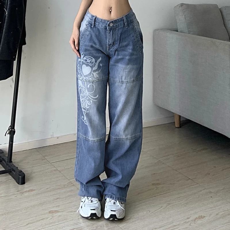 Harajuku Printed Cargo Jeans Y2K Dark Blue Brown High Waist Streetwear 90S Baggy Jeans Women Pants Straight wide leg jeans