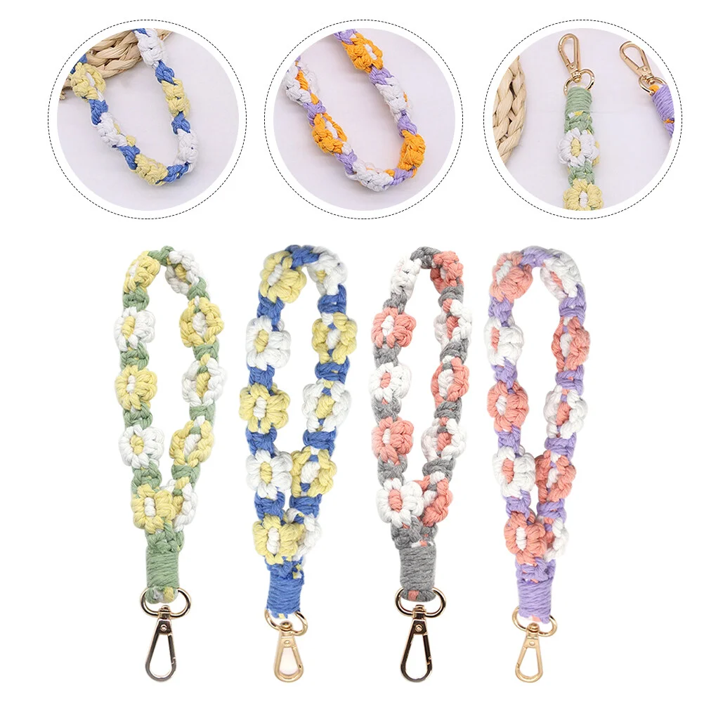 

4 Pcs Macrame Keychain Back Pack Purse Wallet Creative Keyring Cotton Thread Daisy Flower Miss Bracelet