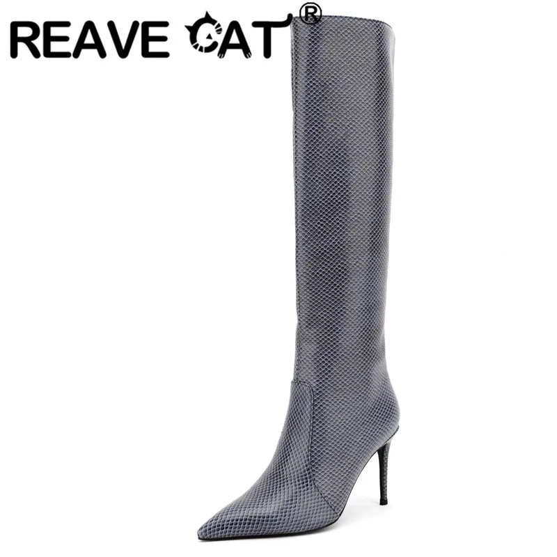 

REAVE CAT Ladies Knee Boots Pointed Toe Thin Heels 9.5cm Plus Size 34-47 Slip-on Embossed Strip Solid Party Shoes Concise S4155