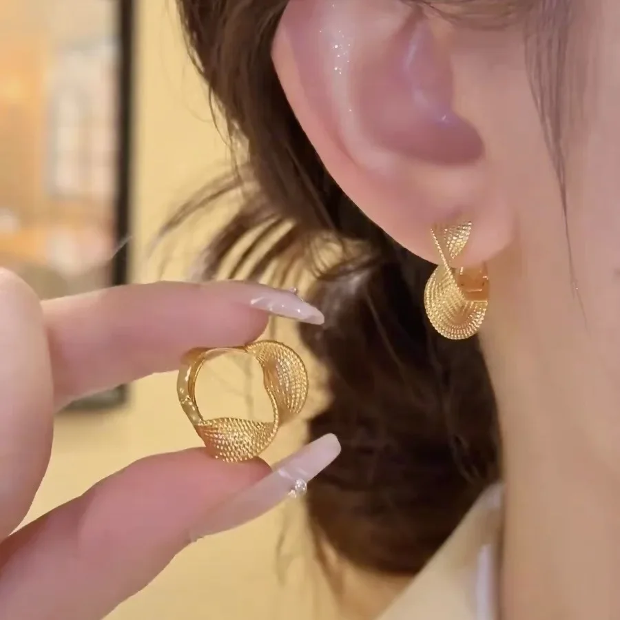 Niche French Style Metal Weave Cable Knit Earrings Women's Fashionable Elegant Versatile Ear Circle Design Sensibility