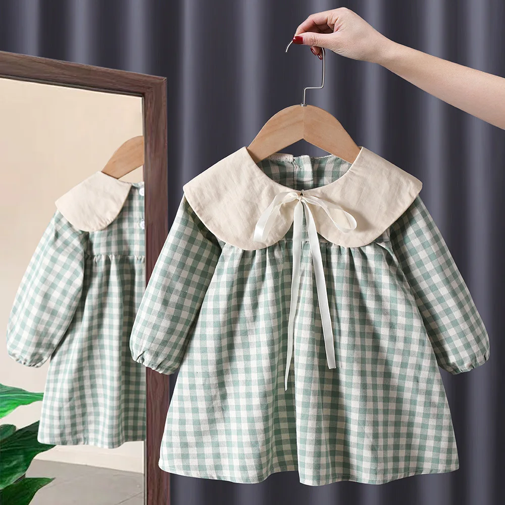 

2023 new sweet children girl princess dress children spring and autumn baby bow plaid patchwork party dress vest children