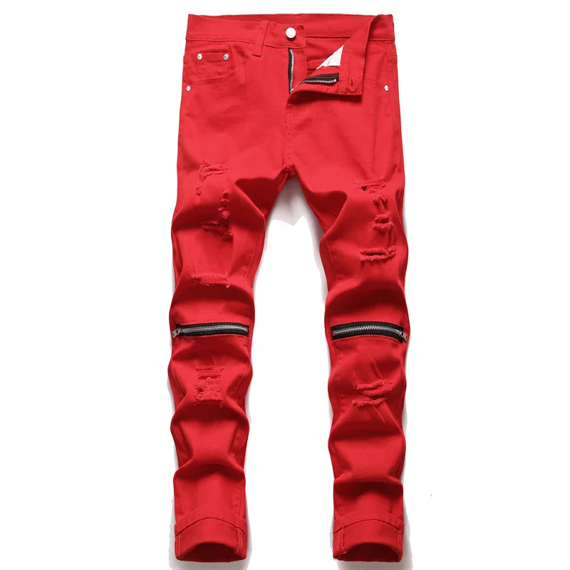 

High Quality Skinny Destroyed Hole Jeans Zipper Mens Stretch Denim Punk Rock Fashion Cotton Red Hip Hop Pants #1866