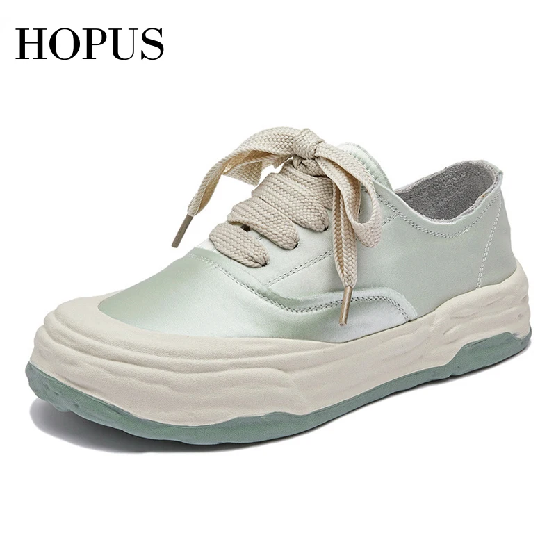

HOPUS Shoes For Women 2022 New Summer Retro Silk Round Toe Platform Sneakers Women Fashion Breathable Lace-up Vulcanized Shoes
